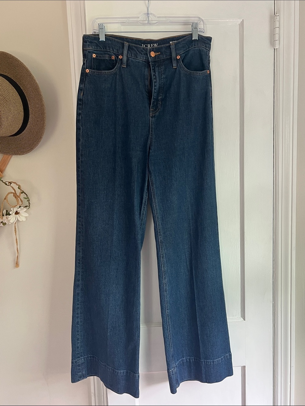 J. Crew Wide-Leg Jeans in Dark Indigo with Copper Accents